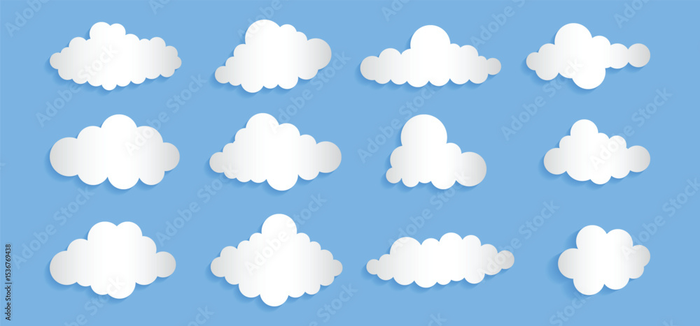 Poster Abstract speech bubbles in clouds shape on blue background. white paper cloud message sign set. cartoon fluffy clouds set