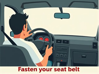 violation of safety regulations. Man driving car while fastening seat belt in a modern vehicle  