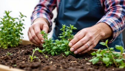Gardener Tending to Fresh Mint Plants in Soil with Careful Hands in Outdoor Setting