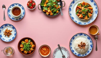 Colorful Table Arrangement of Diverse Dishes Including Vegetables and Rice on Pink Surface