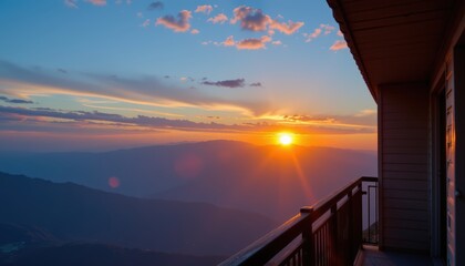 Vibrant Sunset Over Majestic Mountains from a Balcony with Clear Skyline and Clouds
