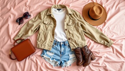 Casual Summer Outfit Featuring Distressed Denim Shorts, Khaki Jacket, and Accessories on a Pink Background