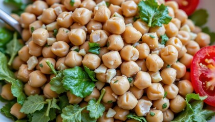 Close-Up of Fresh Chickpea Salad with Herbs and Tomatoes in a Decorative Bowl