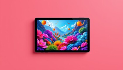Vibrant Digital Artwork of Colorful Flowers and Majestic Mountains on Pink Background