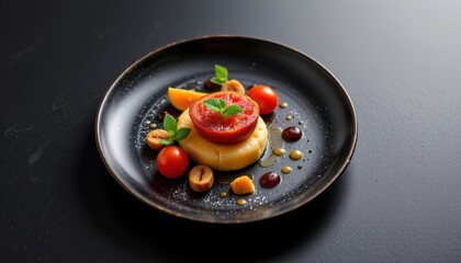 Artfully Plated Savory Cheesecake with Tomato Garnish and Fresh Herbs on a Black Plate