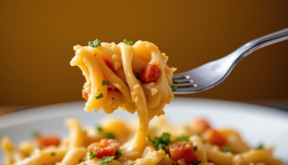 Closeup of Twisted Pasta on a Fork with Tomato and Herbs Against a Warm Background