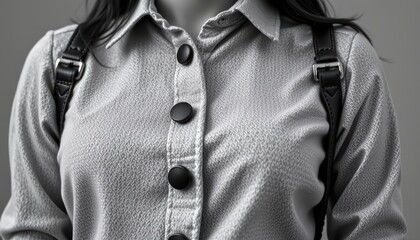 Close-Up View of a Woman's Stylish Outfit Featuring a Buttoned Silver Shirt with Unique Texture