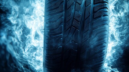 Tire ablaze in fiery blue flames