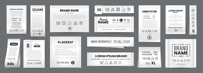 Obraz na płótnie Canvas Realistic laundry labels. White fabric tags and care symbols vector 3d mockups with wash, dry, clean and iron instructions, brand name and size, stitches and ribbons. Clothing laundry labels set