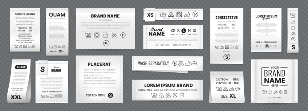 Realistic laundry labels. White fabric tags and care symbols vector 3d mockups with wash, dry, clean and iron instructions, brand name and size, stitches and ribbons. Clothing laundry labels set