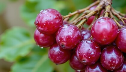 Close-Up of Fresh Purple Grapes with Raindrops on a Green Vine Against a Natural Background