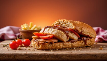 Savory Barbecue Chicken Sandwich with Fresh Vegetables and Crispy French Fries on Wooden Table
