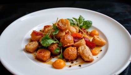 Deliciously Plated Scallops with Colorful Garnish and Herbs on a White Elegant Plate