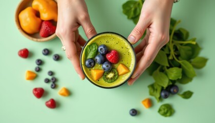 Hands Holding a Colorful Smoothie Bowl Surrounded by Fresh Berries and Green Leafy Ingredients