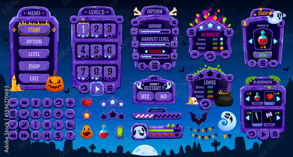 Poster halloween game interface of gui menu panel and bars, vector ui elements and assets. halloween game m