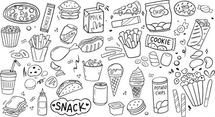 junk food doodle vector set, hand drawn fast food sketch, burger pizza fries soda icons, black and white restaurant design

