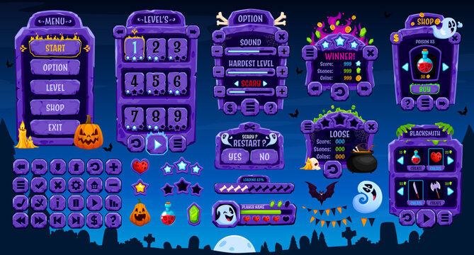 Halloween game interface of GUI menu panel and bars, vector UI elements and assets. Halloween game menu buttons and interface controls with ghosts and monsters on loading bars and gamer panel settings