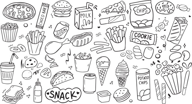 junk food doodle vector set, hand drawn fast food sketch, burger pizza fries soda icons, black and white restaurant design

