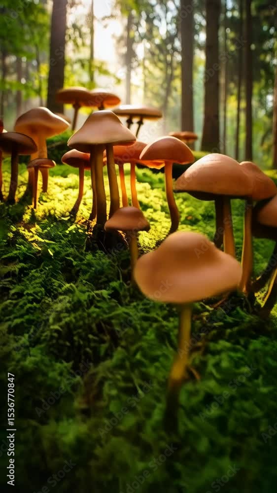 Poster illuminated mushrooms growing on mossy ground in a lush forest with sunlight filtering through the t