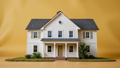 Detailed Miniature Model Of A Traditional White House Set Against A Warm Orange Background