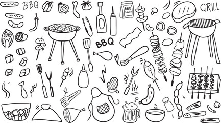 bbq grill doodle vector, hand drawn barbecue tools sketch, black and white food party icons, outdoor cooking elements illustration

