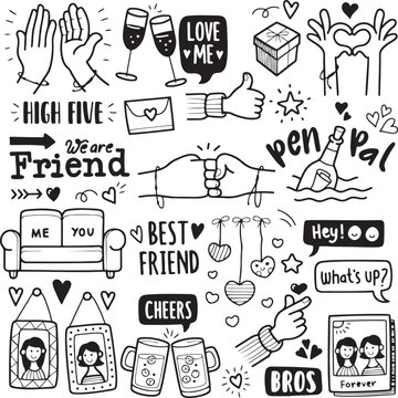 friendship doodle vector set, hand drawn friends and love sketch, black and white quote icons, bestie elements illustration, cute fun symbols

