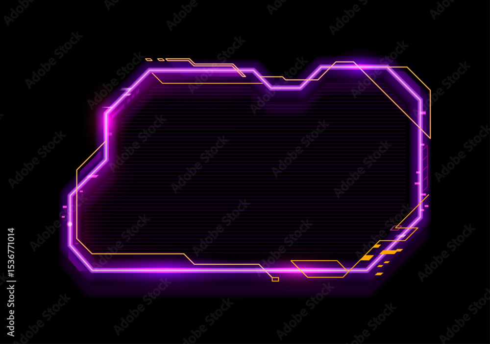 Fototapete Neon game frame asset and HUD interface overlay template for digital UI, vector future tech. Neon frame for game GUI asset or HUD interface of digital screen or control panel monitor display box