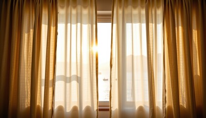 Bright Sunset Illuminating Sheer Curtains in a Cozy Room with a View of the Sea