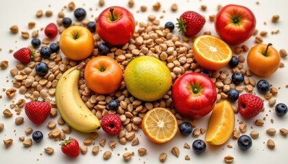 Assorted Fresh Fruits and Nuts Arranged Artistically on a White Surface