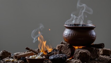 Traditional Clay Pot Cooking with Flames and Aromatic Smoke in a Rustic Kitchen Setting