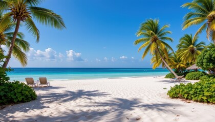 Serene Tropical Beach with White Sand and Palm Trees under Clear Blue Sky