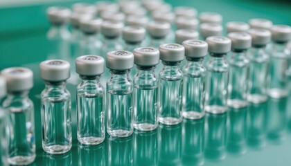 Row of Transparent Vials with White Caps on a Green Laboratory Surface Ready for Pharmaceutical Use