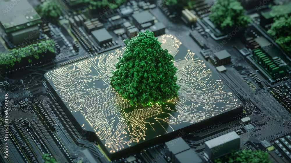 Poster nature conservation concept. a green tree grows on top of a glowing microchip, blending nature with 
