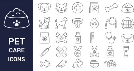Naklejka premium Comprehensive Pet Care Icons Dogs, Cats, and More