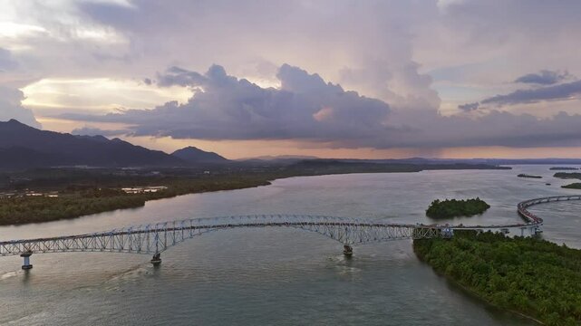 San Juanico Bridge wide establishing shot at golden hour of the bridge connection Leyte and Samar Philippines.