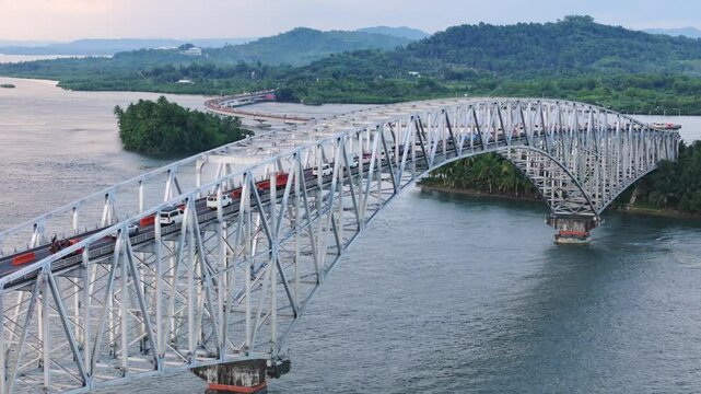 San Juanico Bridge establishing shot, pull out aerial over this famous Philippine Bridge