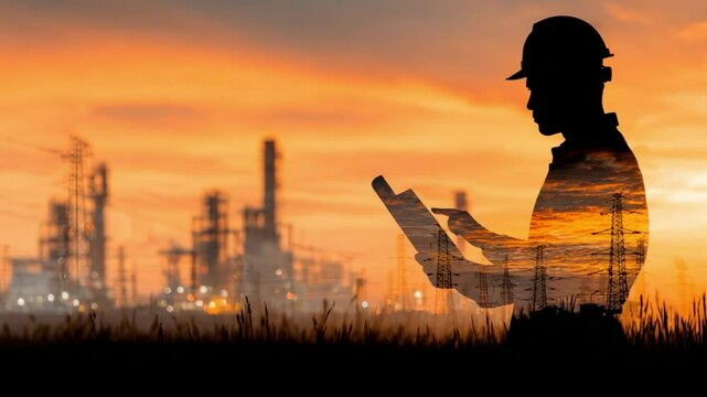 Silhouette of Worker with Tablet Against Background of Industrial Landscape and Sunset Sky