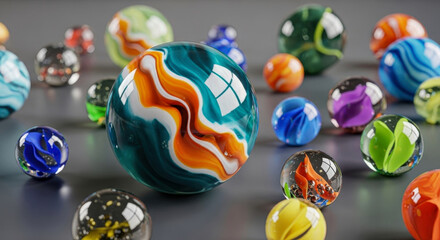 Obraz premium Vibrant assortment of glass marbles with intricate swirls and colorful core designs, scattered to highlight their glossy texture and reflective surfaces on a neutral background.