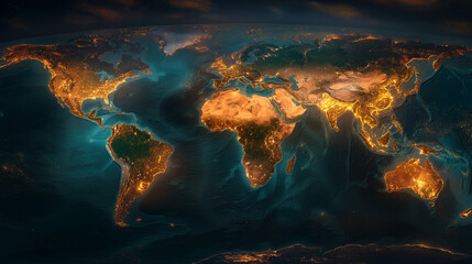 Luminous Earth in a Digital Age. A detailed glowing map of the continents, blending natural geography with golden data overlays. Ideal for themes of global connection, AI, or sustainable tech futures.