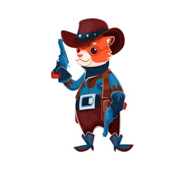 Cartoon fox cowboy or sheriff animal character and Wild West bandit robber, vector personage. Funny fox Western ranger in cowboy hat with revolver guns and boots for Wild West cartoon animal character