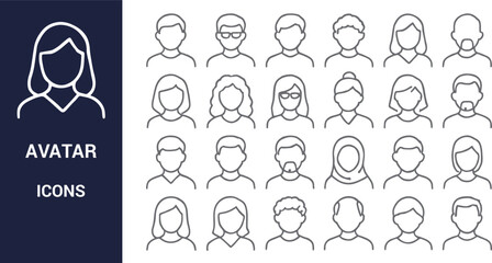 Fototapeta premium Collection of Diverse Line Art Avatar Icons for Profile Pictures and Websites