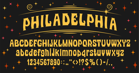 Naklejka premium Retro hippy psychedelic font, groovy English alphabet type, 70s vintage typeface with uppercase and lowercase letters, numbers, and symbols, with stars, evoking nostalgia and psychedelic aesthetics