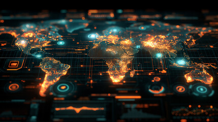 Global Data Command Interface. Glowing digital world map overlaid with futuristic UI elements. Perfect for cybersecurity, global tech operations, or AI-powered data analytics.