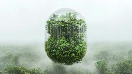 Nature conservation concept. A dense forest is encapsulated inside a transparent capsule, floating above a misty jungle landscape. Selective focus.