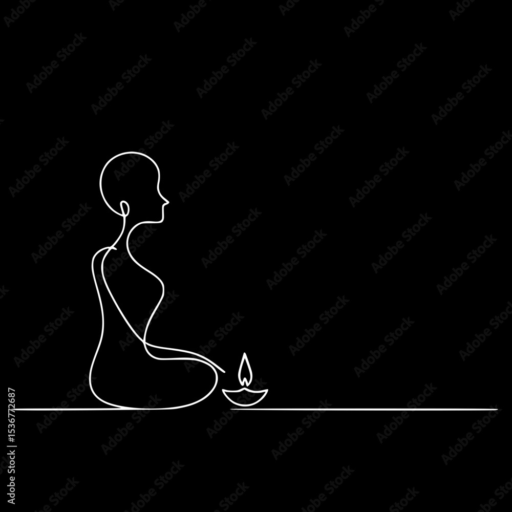 Poster continuous line drawing of a meditating figure with candlelight concept of single line outline vecto