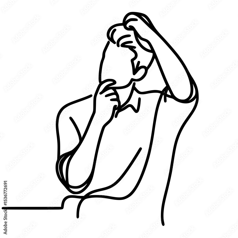 Poster man in contemplative pose with hand on chin in single line outline vector