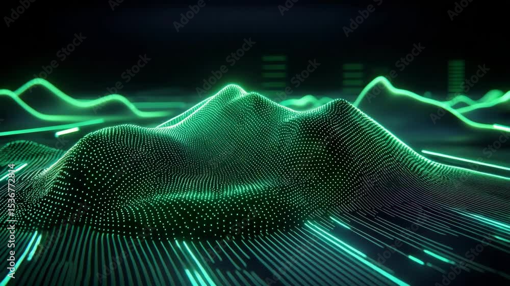 Poster nature conservation concept. a glowing 3d grid of green dots and lines forms digital mountains again