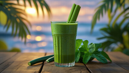 Lush Garden Setting with Organic Green Smoothie and Palm Trees

