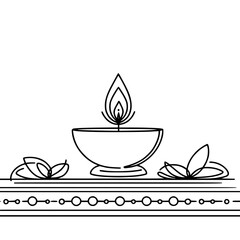 Simple line art of a candle bowl surrounded by leaves and patterns  