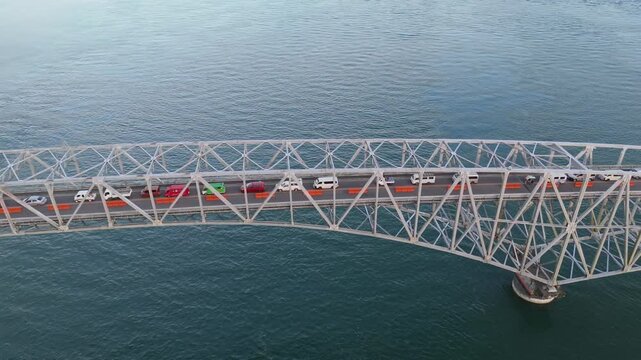 Heavy traffic congestion and delays on the San Juanico Bridge in Tacloban Philippines.